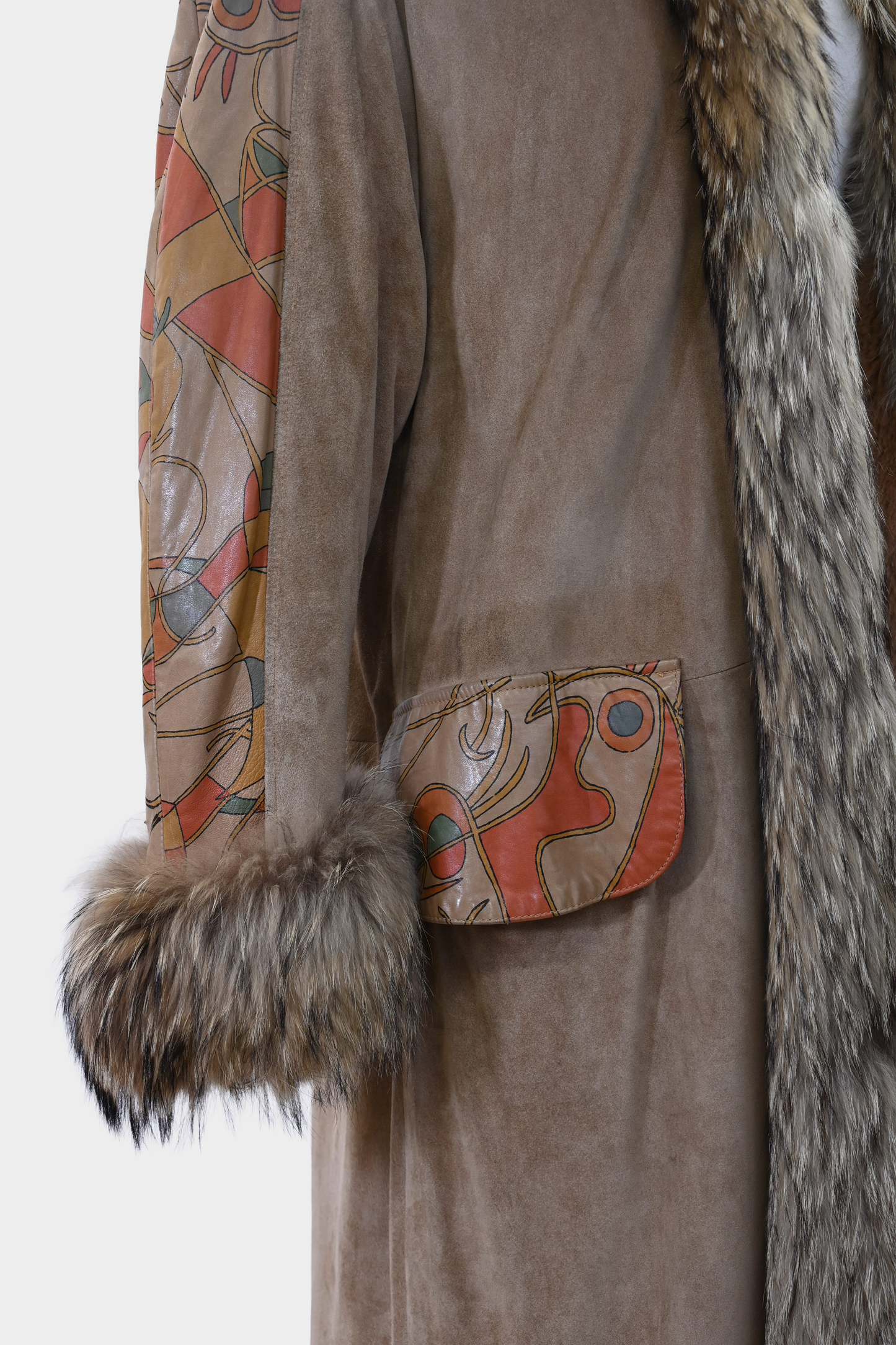 Suede Hand-Painted Coat with Fur Trim