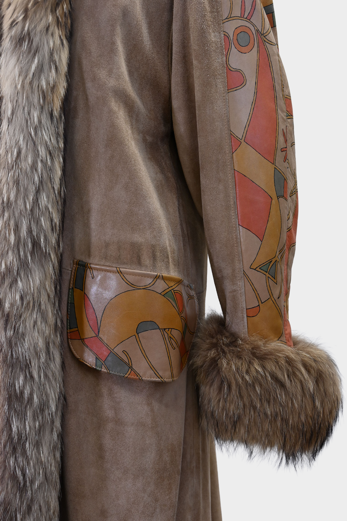 Suede Hand-Painted Coat with Fur Trim
