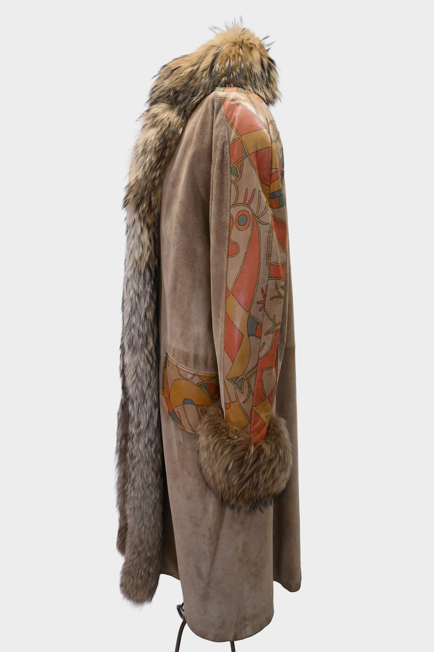 Suede Hand-Painted Coat with Fur Trim