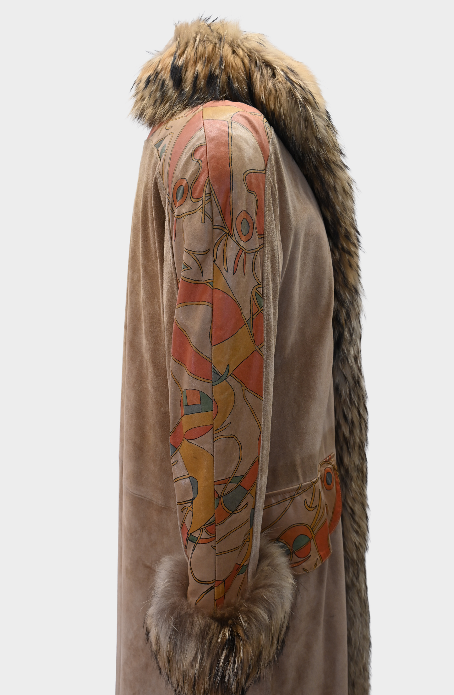 Suede Hand-Painted Coat with Fur Trim