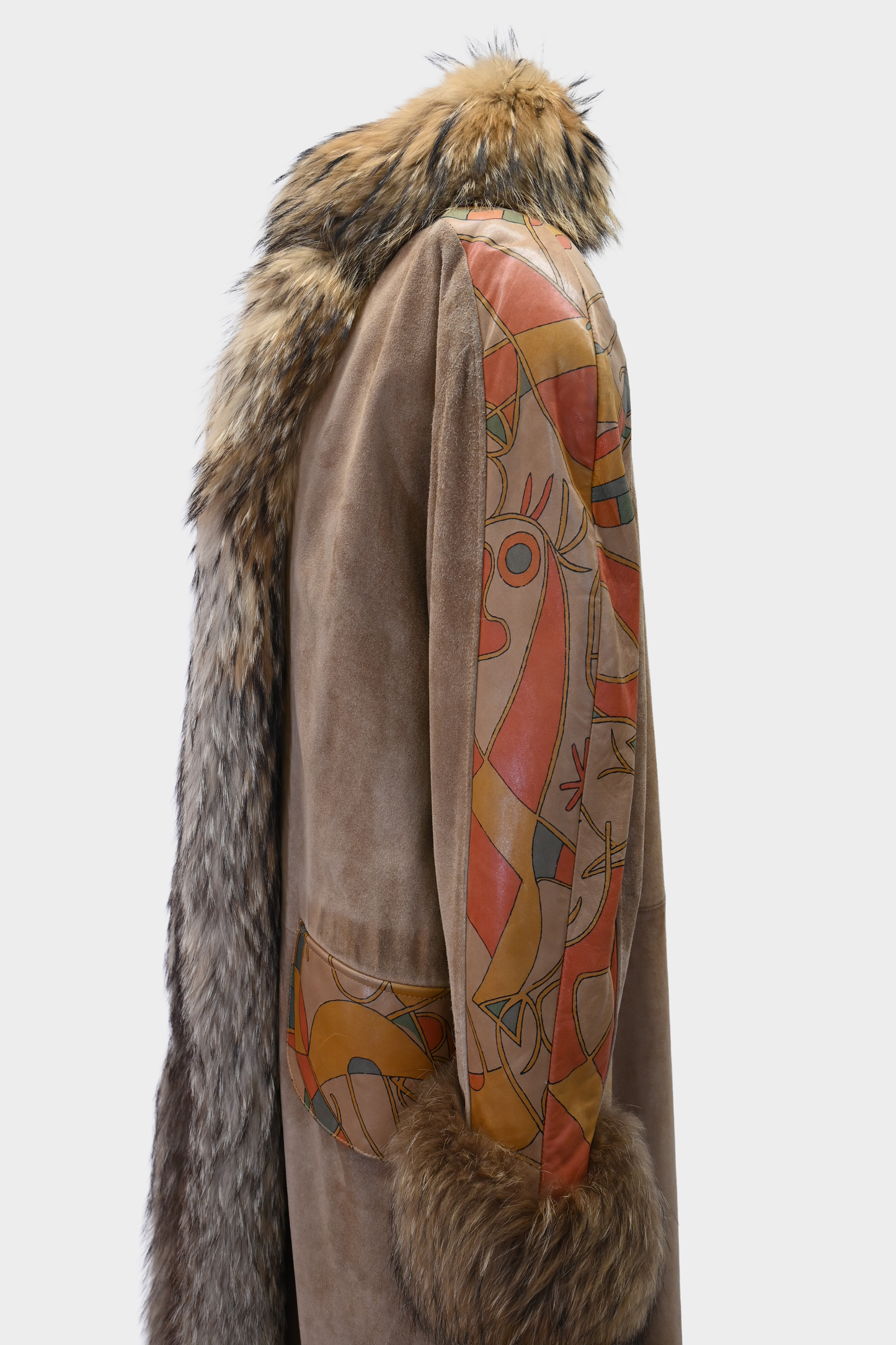 Suede Hand-Painted Coat with Fur Trim