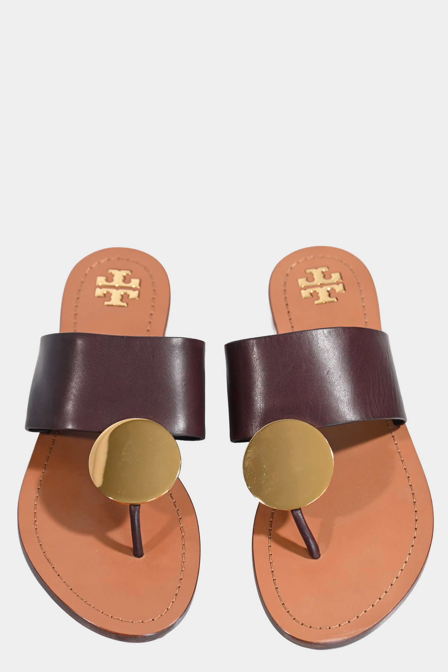 Tory Burch Patos Disk Brown Leather Thong Sandals with Gold Hardware Size 9