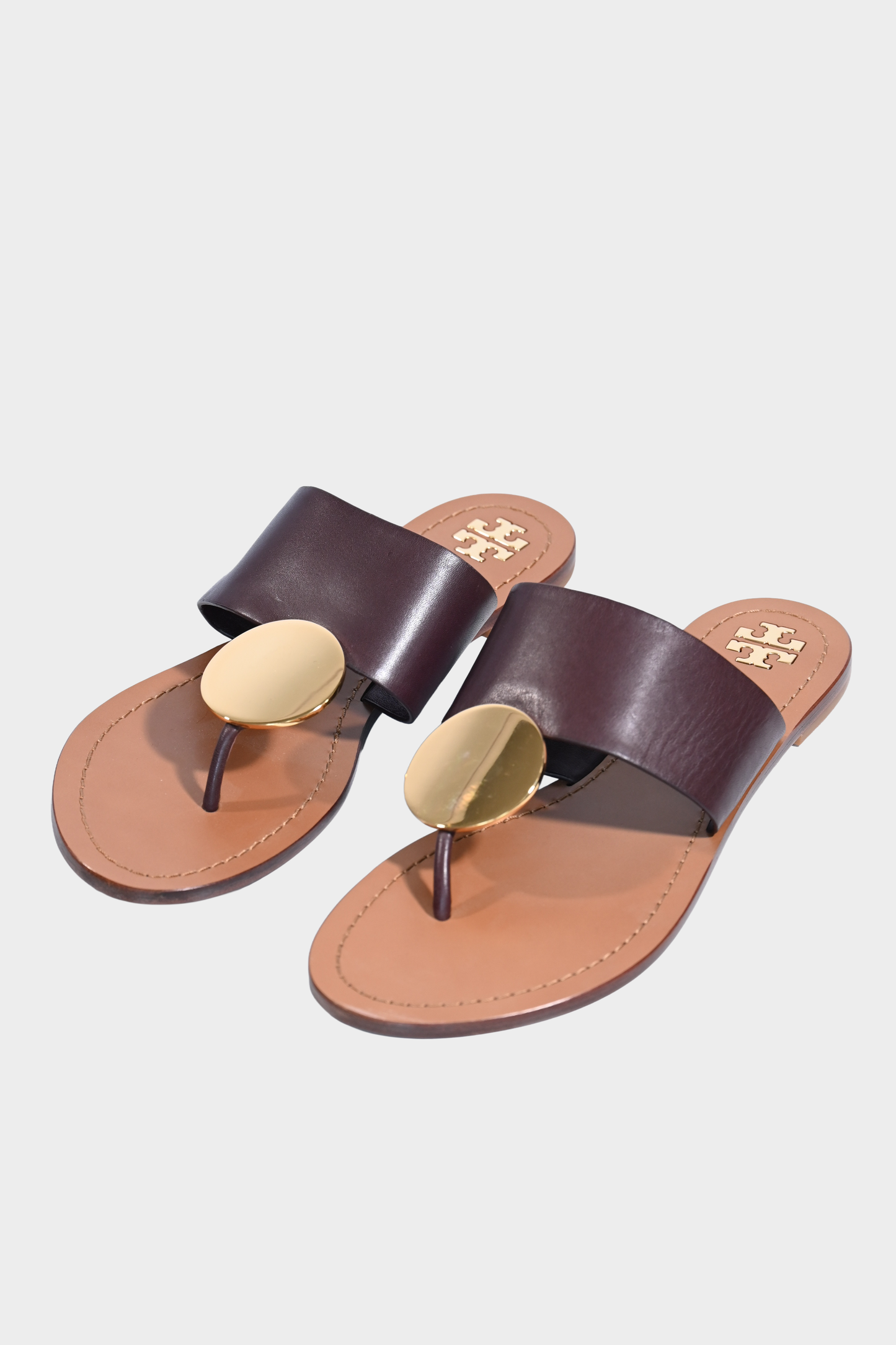 Tory Burch Patos Disk Brown Leather Thong Sandals with Gold Hardware Size 9
