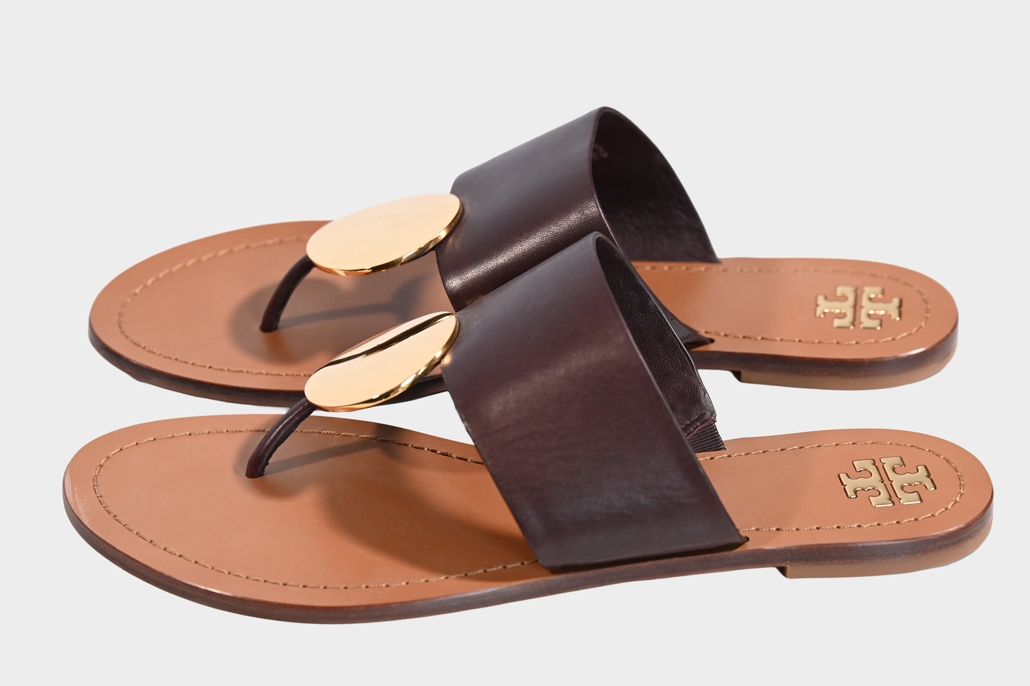 Tory Burch Patos Disk Brown Leather Thong Sandals with Gold Hardware Size 9