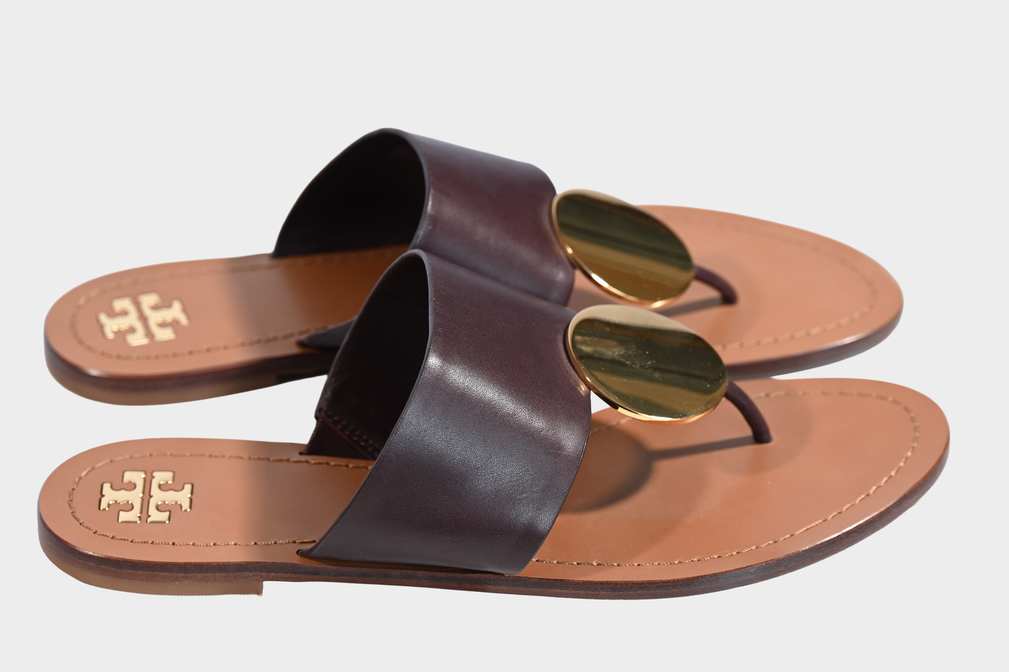 Tory Burch Patos Disk Brown Leather Thong Sandals with Gold Hardware Size 9