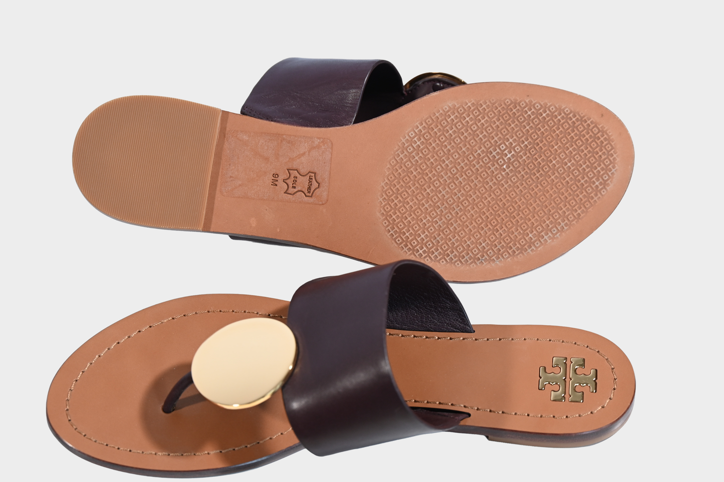Tory Burch Patos Disk Brown Leather Thong Sandals with Gold Hardware Size 9