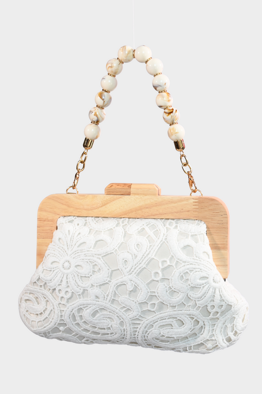 White Lace Wooden Frame Clutch Pearl-Inspired Bag