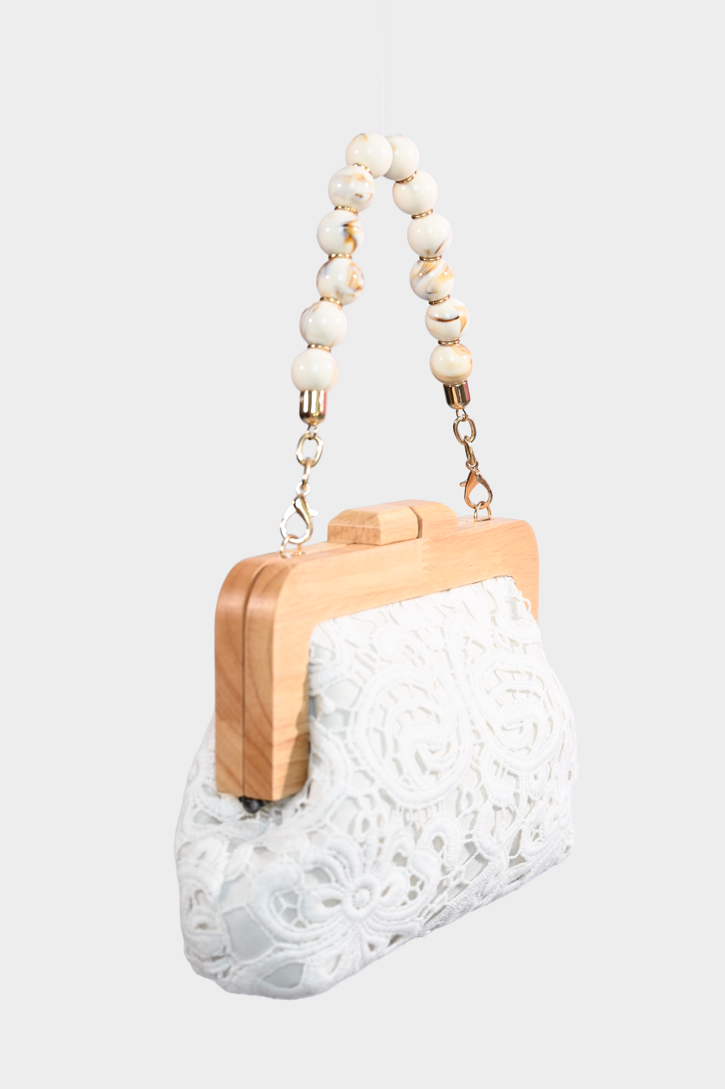 White Lace Wooden Frame Clutch Pearl-Inspired Bag