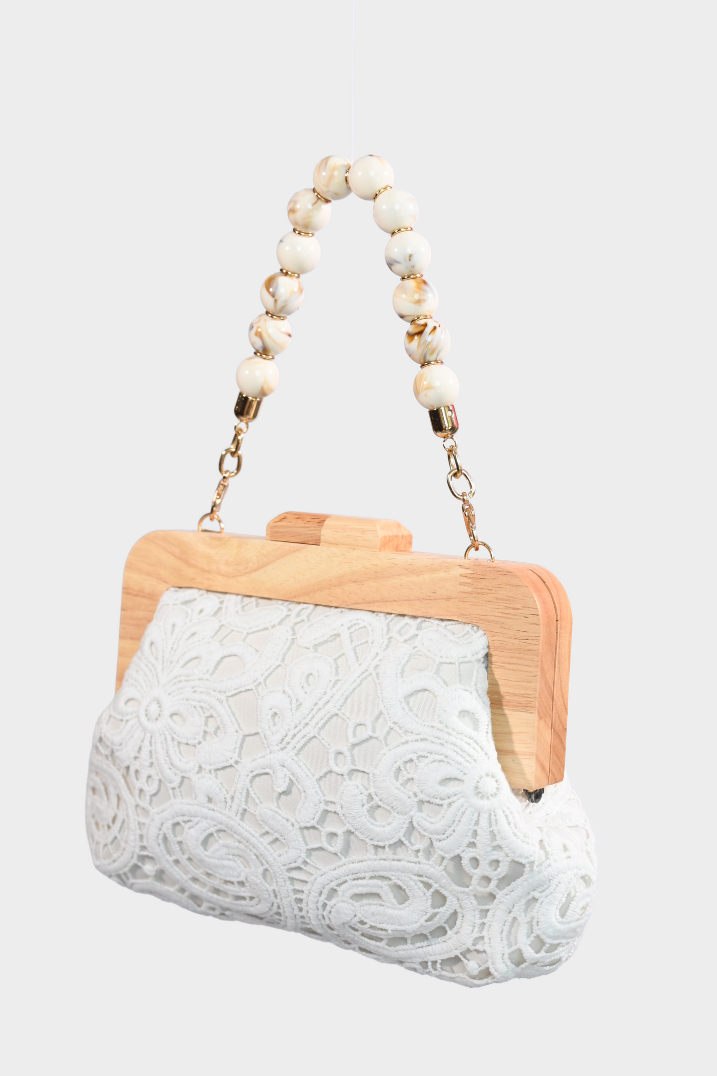 White Lace Wooden Frame Clutch Pearl-Inspired Bag