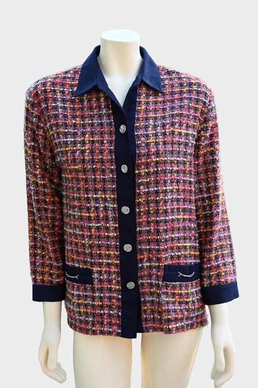 Vintage Jordana Multicolor Tweed Jacket Navy Trim Size M/L