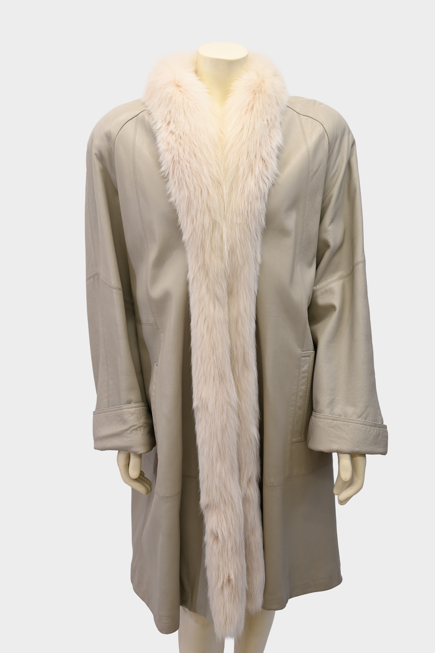 Taupe Leather Coat with Fox Fur Tuxedo Trim