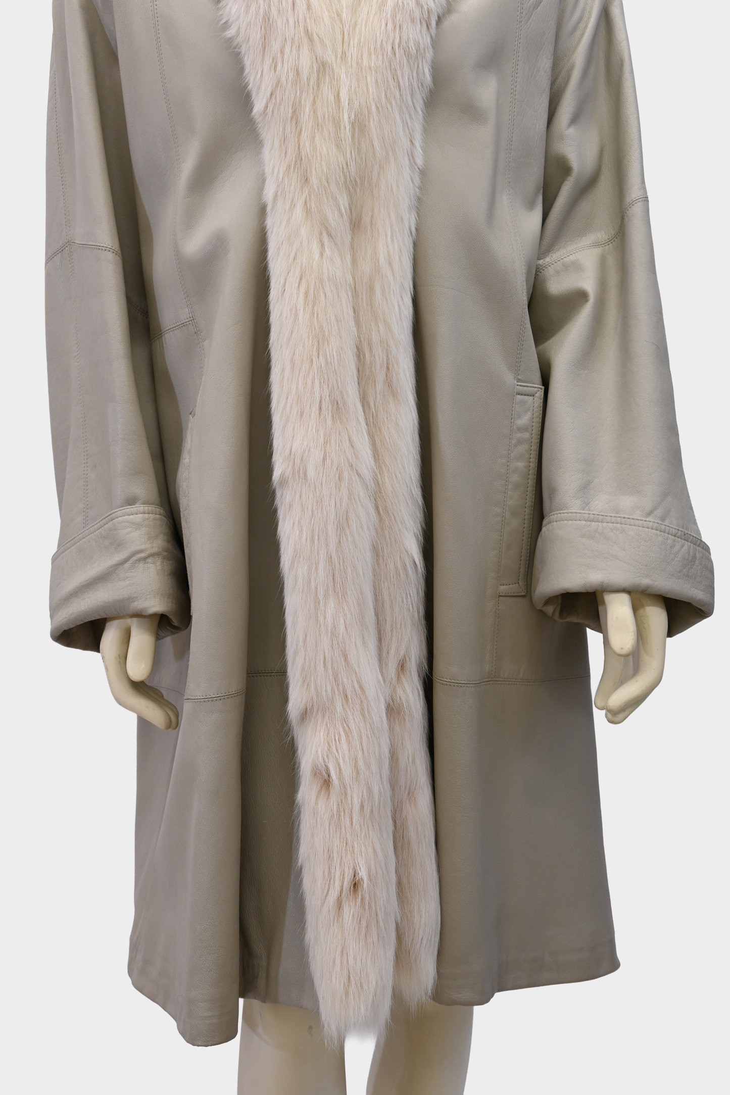 Taupe Leather Coat with Fox Fur Tuxedo Trim