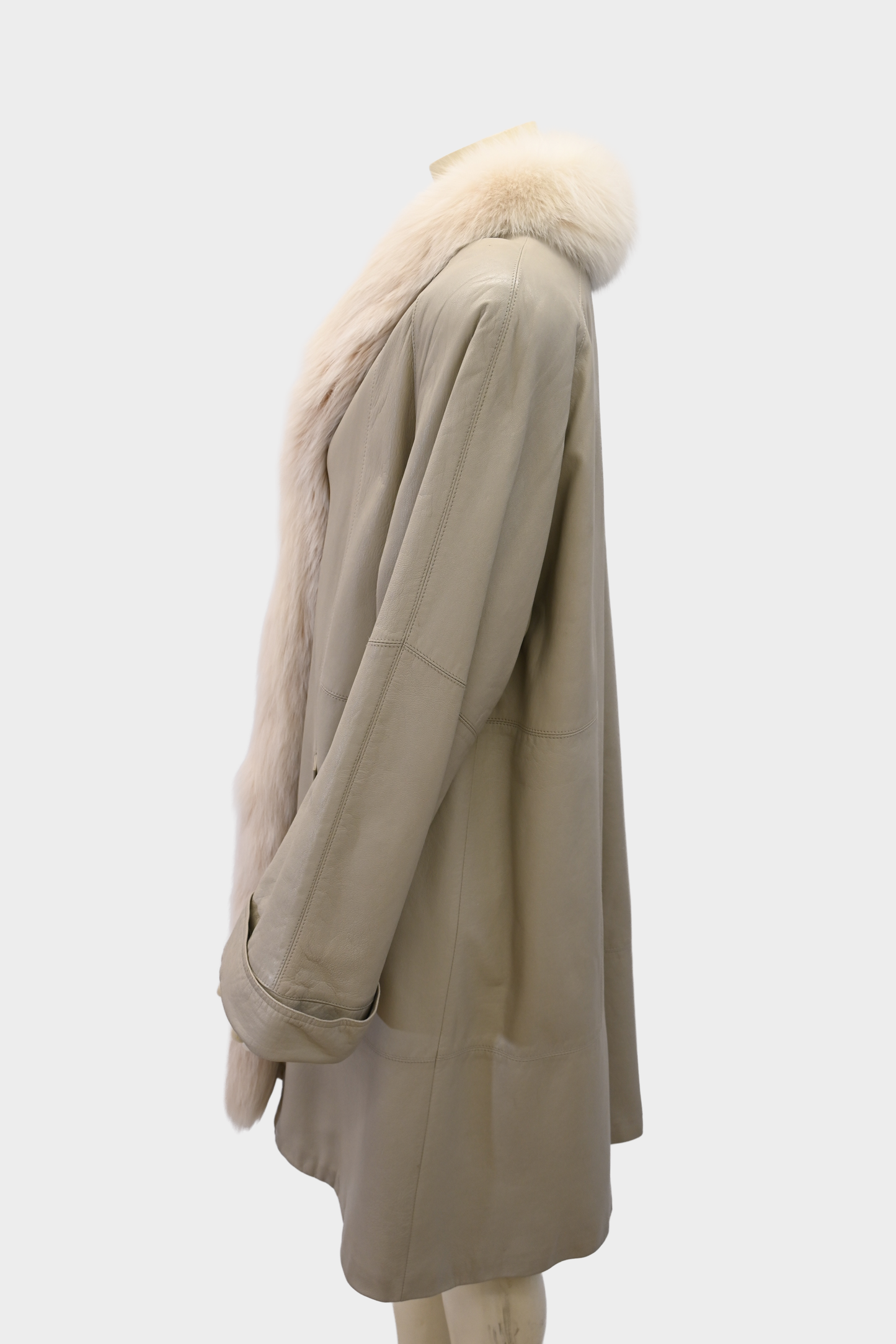 Taupe Leather Coat with Fox Fur Tuxedo Trim