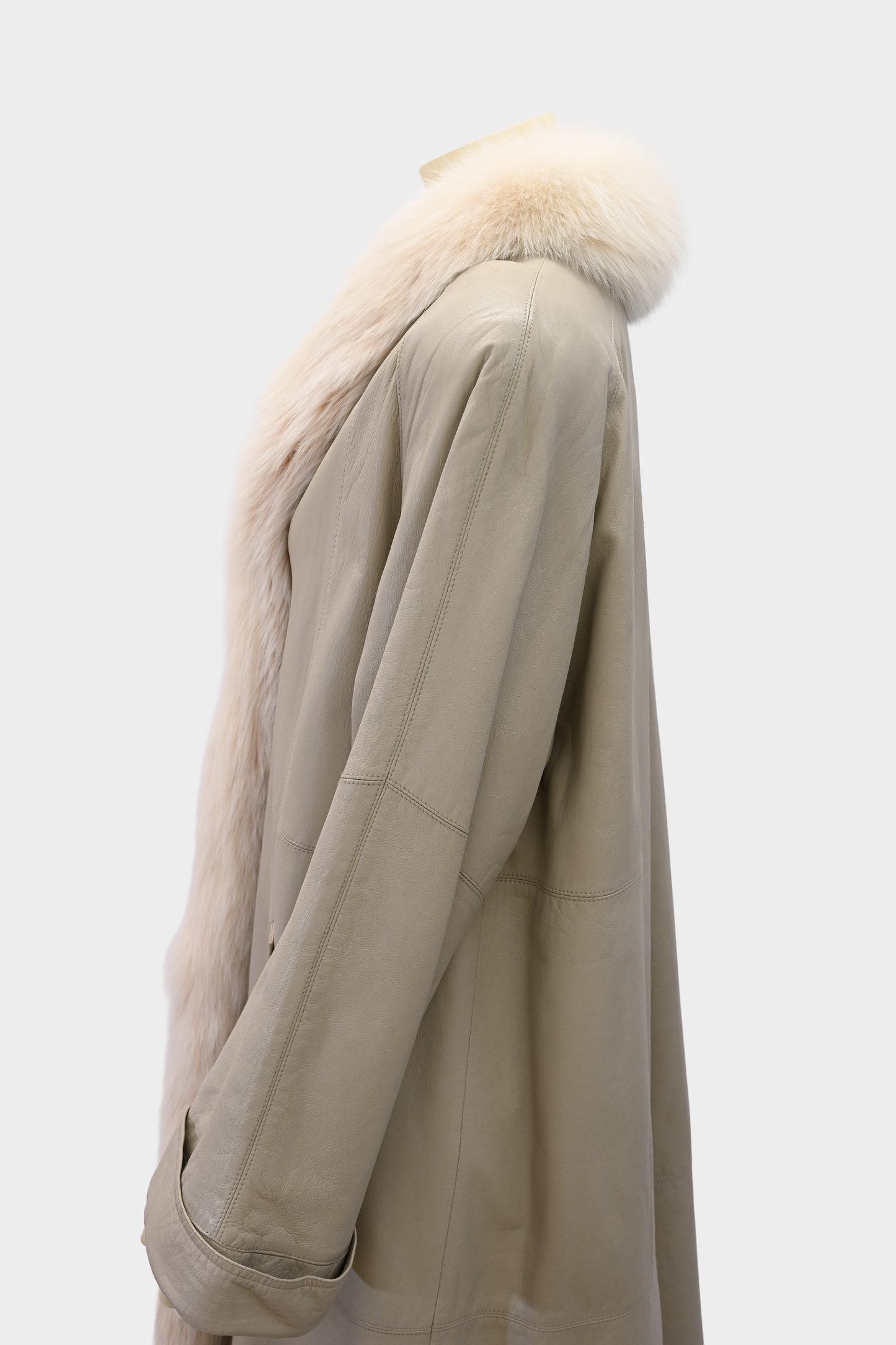 Taupe Leather Coat with Fox Fur Tuxedo Trim