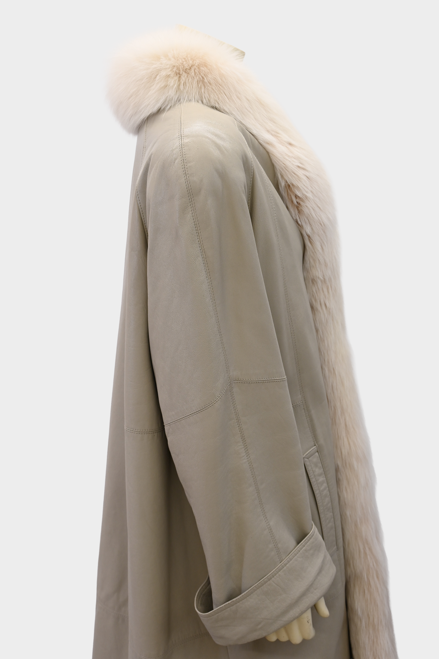 Taupe Leather Coat with Fox Fur Tuxedo Trim