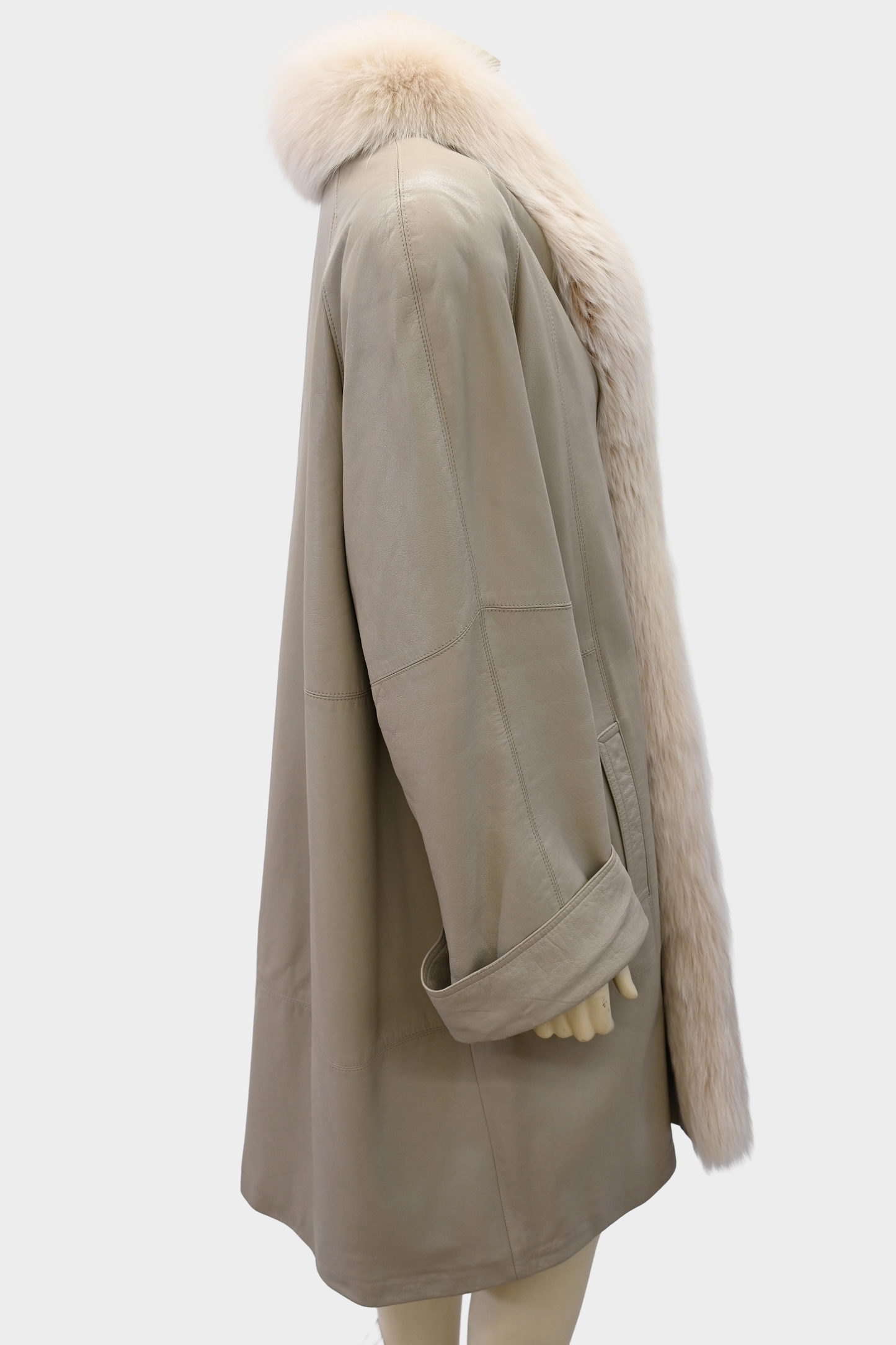 Taupe Leather Coat with Fox Fur Tuxedo Trim