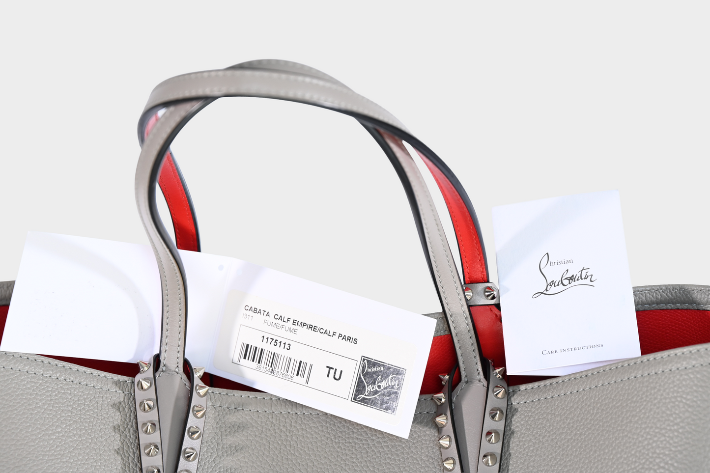 Christian Louboutin Cabata Small Gray Calf Leather Studded Tote Bag with Pouch