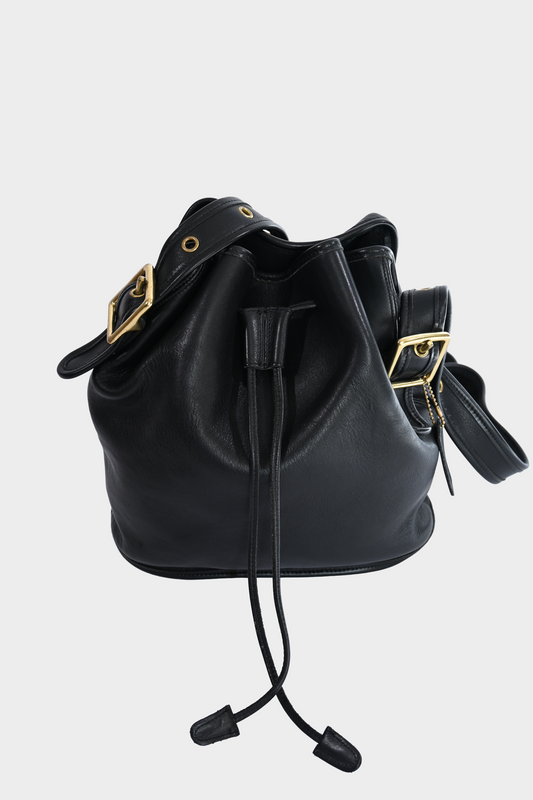 Vintage Coach 9952 Black Leather Drawstring Bucket Bag Brass Hardware USA