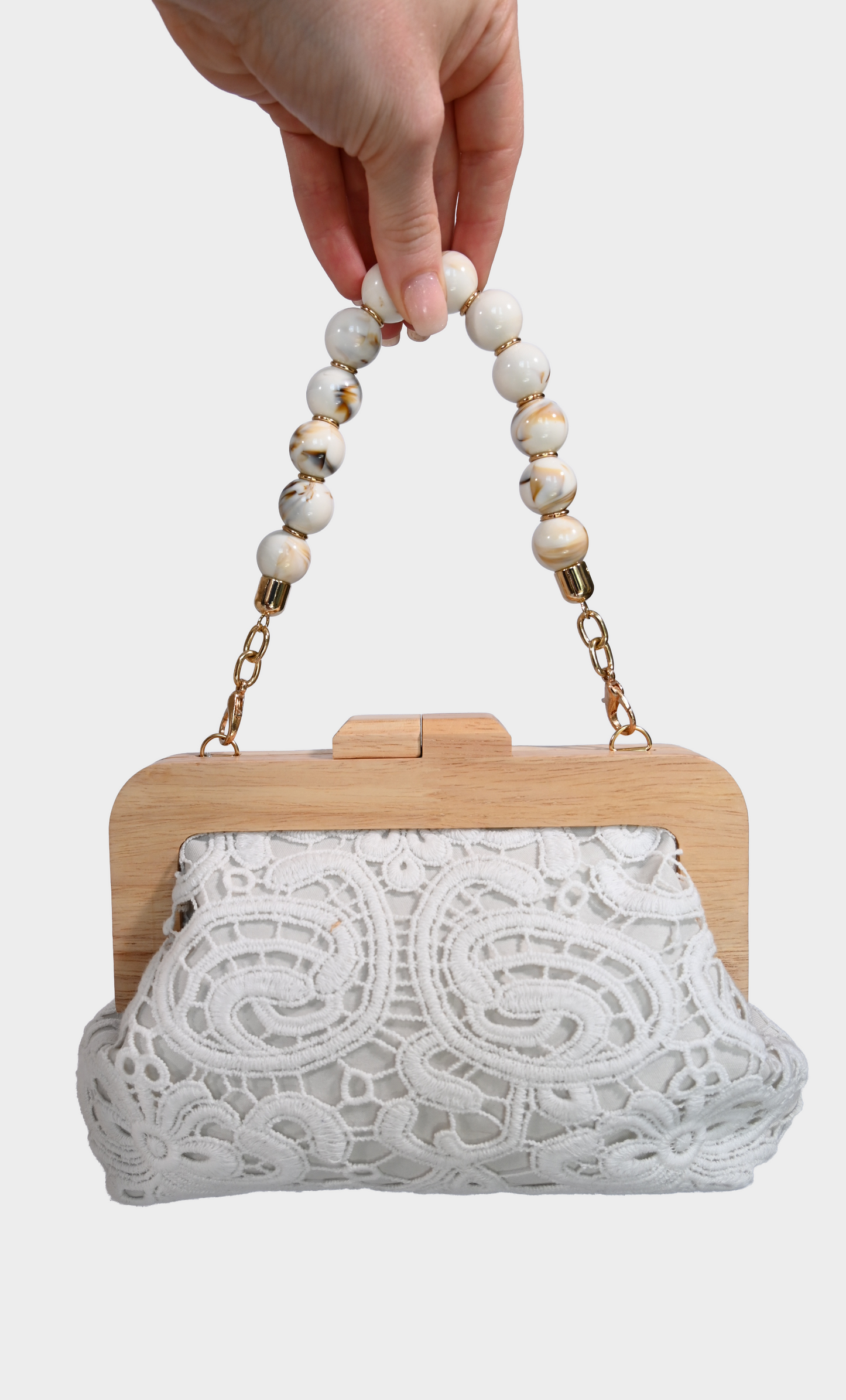 White Lace Wooden Frame Clutch Pearl-Inspired Bag